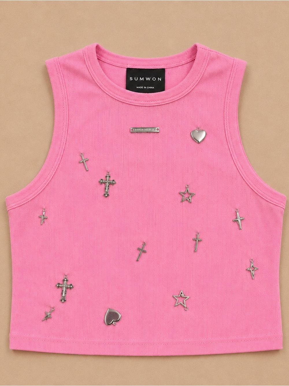 Pink Embellished Ribbed Tank Top
